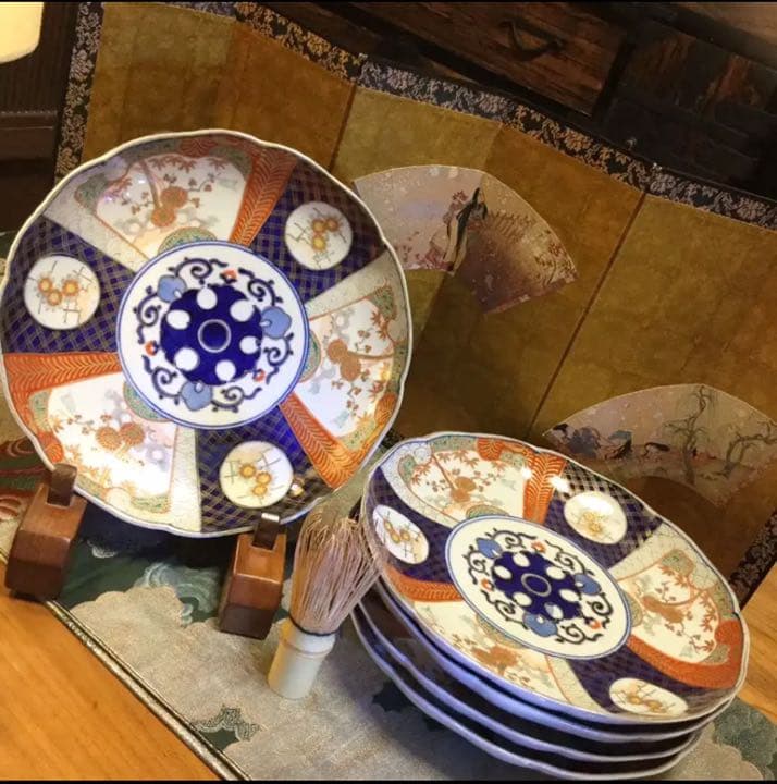 A502 古伊万里　染錦手　見込唐草　窓絵花鳥紋様　8寸皿　　5枚