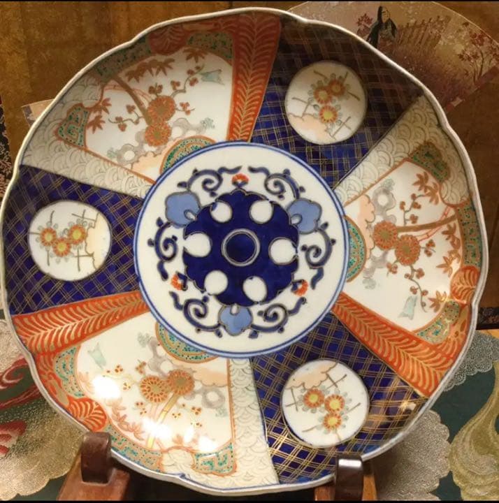 A502 古伊万里　染錦手　見込唐草　窓絵花鳥紋様　8寸皿　　5枚