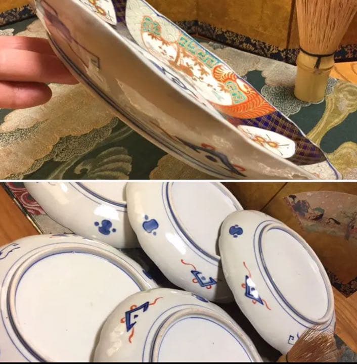 A502 古伊万里　染錦手　見込唐草　窓絵花鳥紋様　8寸皿　　5枚