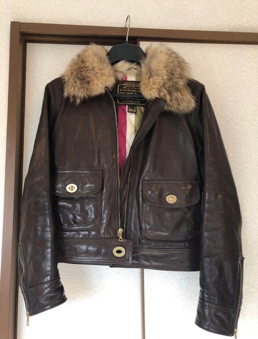 ば*ん様 【状態良し】 COACH コヨーテ毛皮付き革ジャケット　レザー　ジャケ