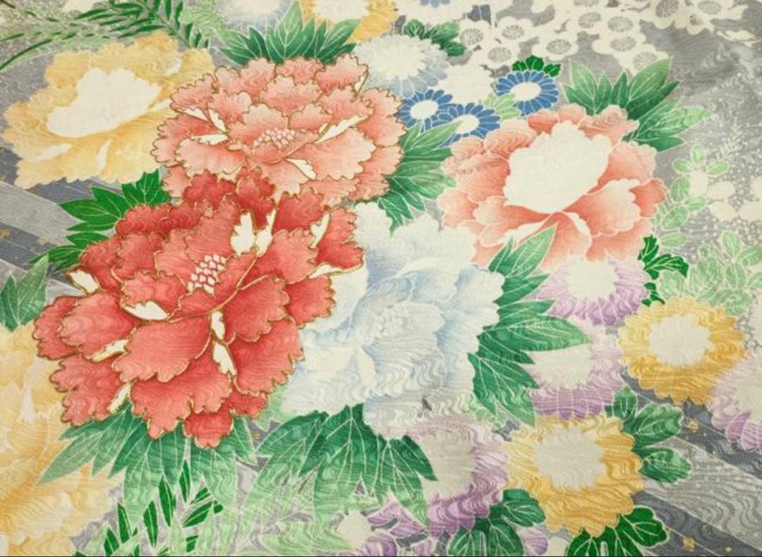 振袖フルセット6点サイズM〜Ｌ駒刺繍　渡り橋藤花房文　金彩　正絹