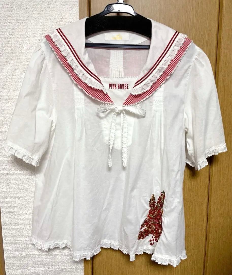 ピンクハウス　ギンガムうさぎ　いちご　刺繍　セーラー　ブラウス　赤　白