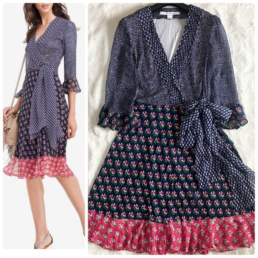 ダイアンフォンファステンバーグ シルク シフォンフリル ラップワンピ 6 紺