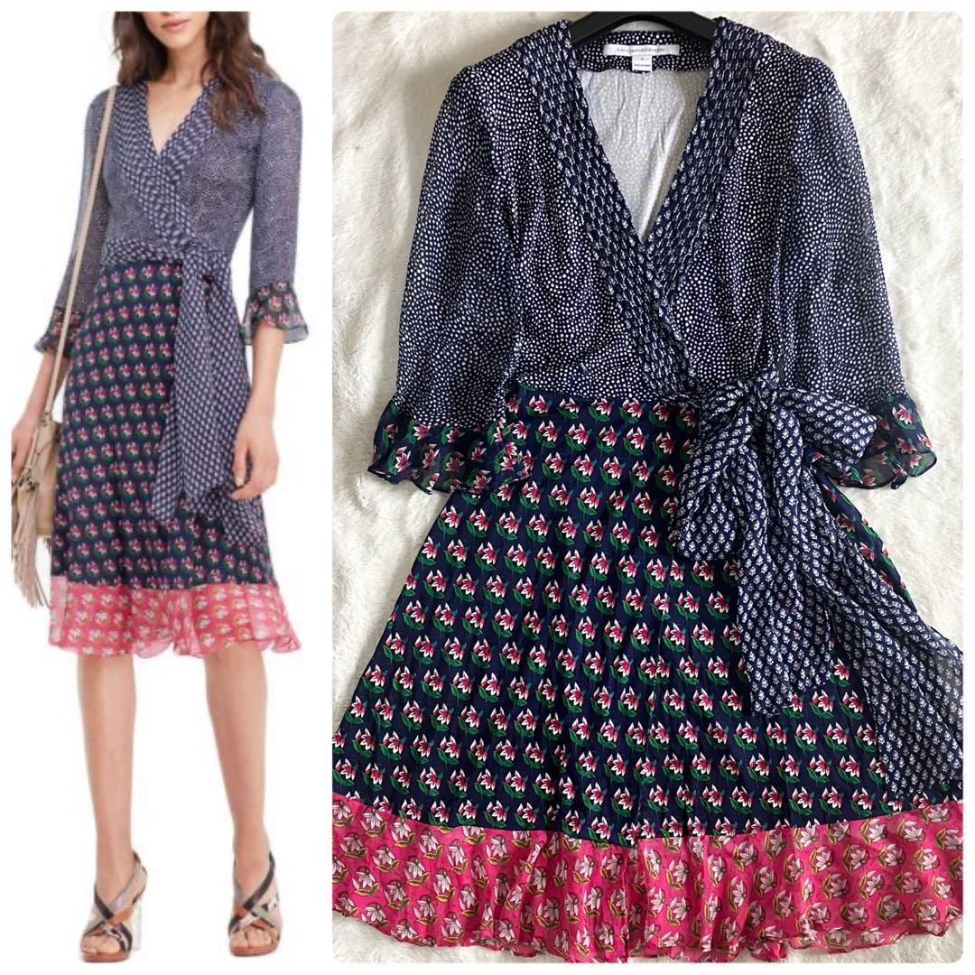 ダイアンフォンファステンバーグ シルク シフォンフリル ラップワンピ 6 紺