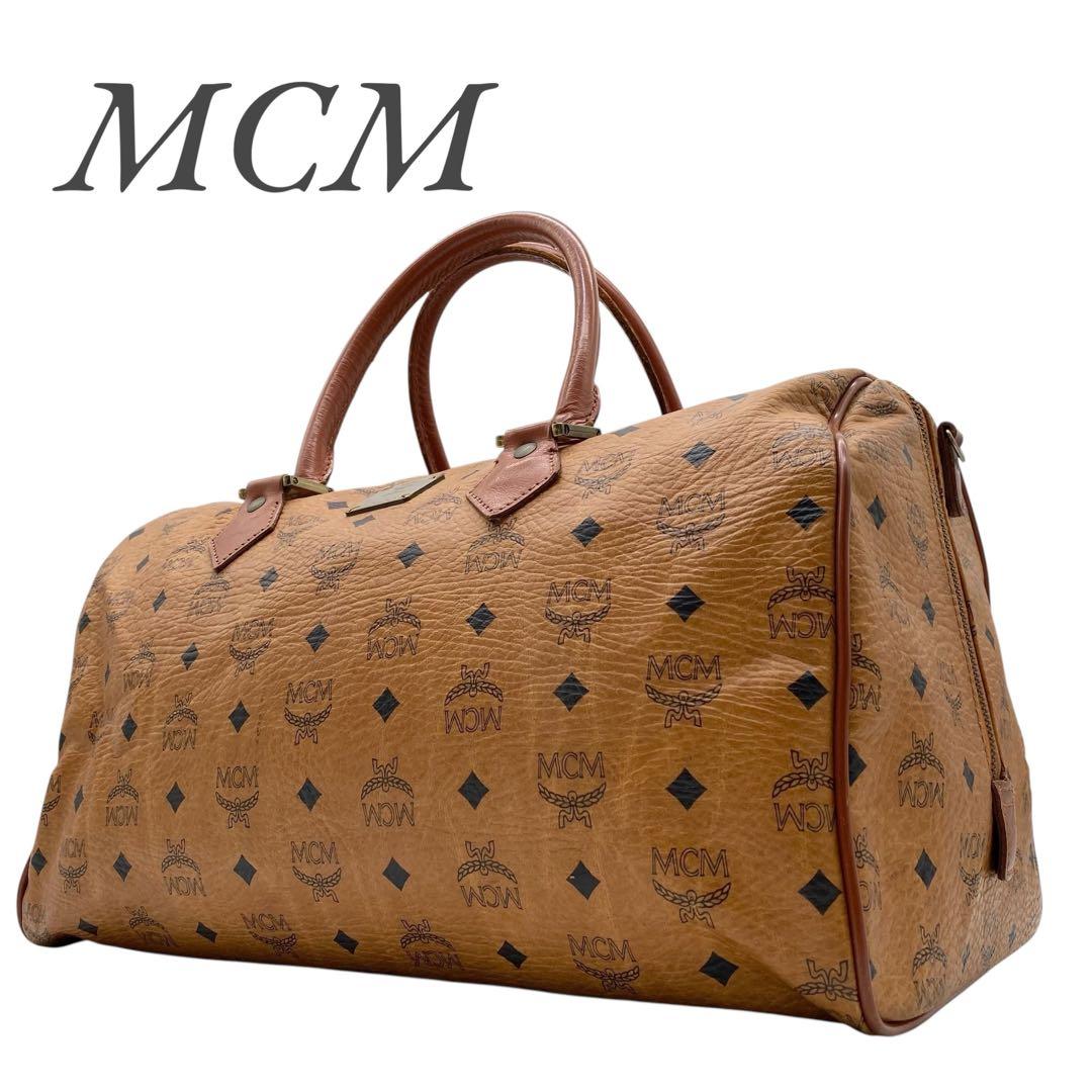 【美品】MCM ボストンバッグ ヴィセトス柄 ロゴプリント レザー ブラウン