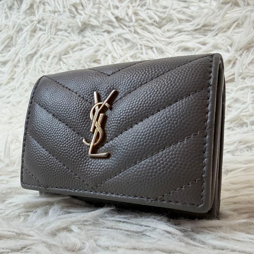 美品✨サンローラン 三つ折り財布 Vステッチ カサンドラ レザーオリガミ グレー