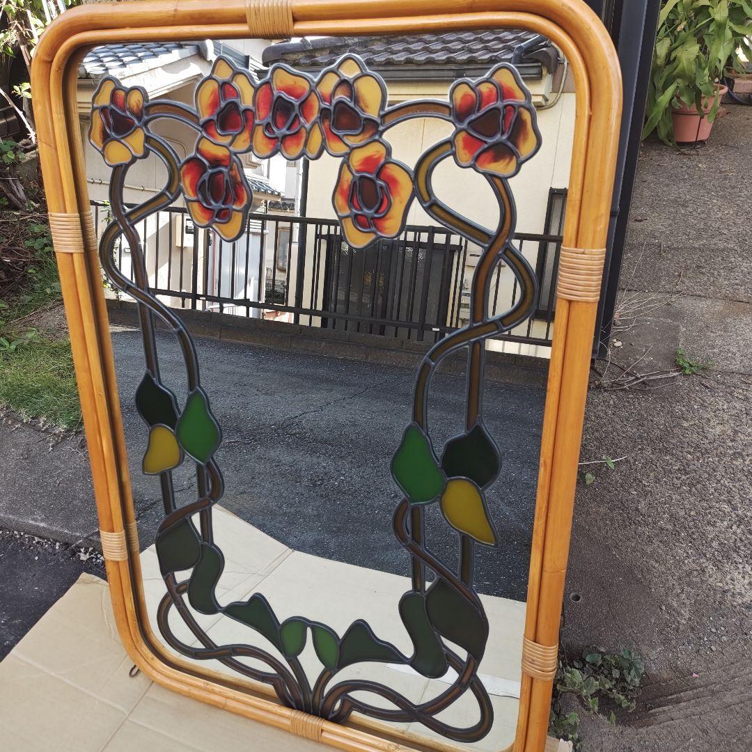 レトロ アールヌーボー様式 ステンドグラス 大型壁掛け鏡 ミラーH96.5㌢