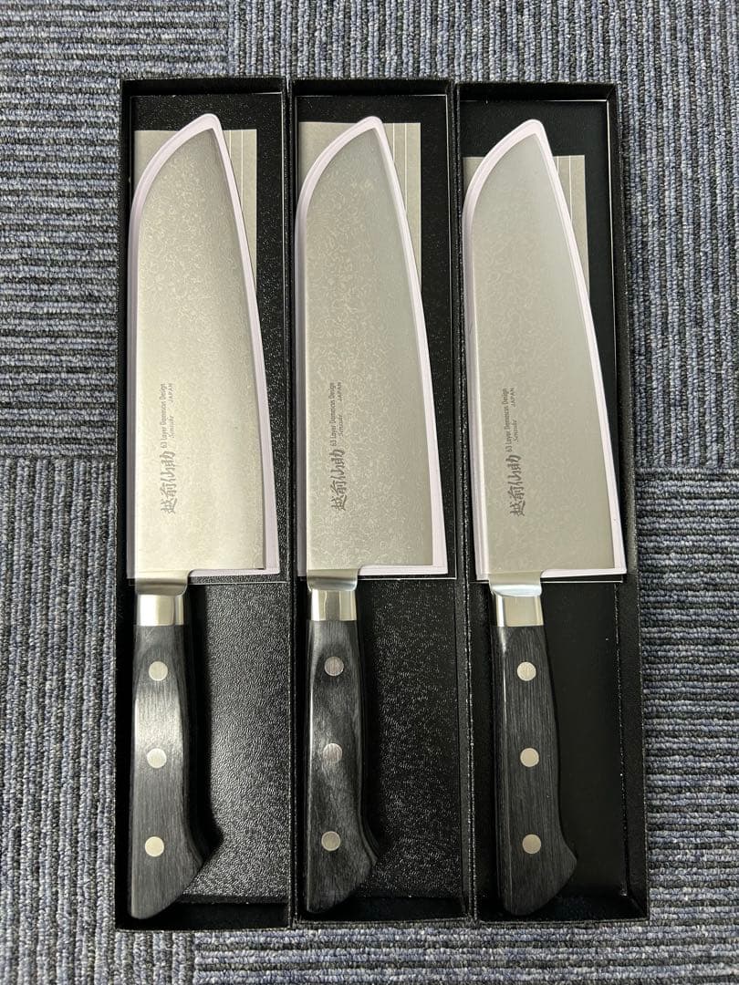 [3個セット] 三徳包丁 ダマスカス モリブデン・バナジウム鋼 口金付黒合板柄