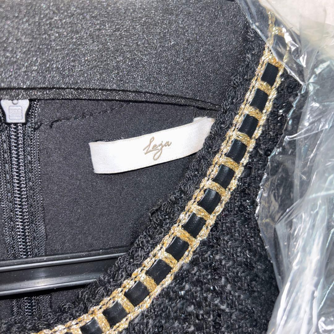 Leje ラメ混ツイードレザーパイピングパールドレス　ブラック