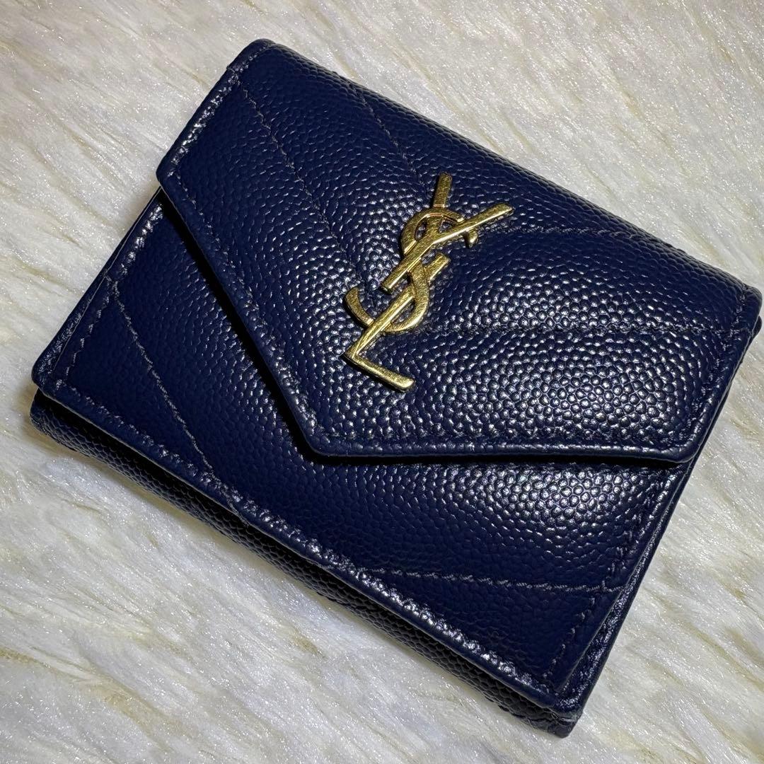 美品 三つ折り 財布 Vステッチ キャビアスキン YSLロゴ ネイビー