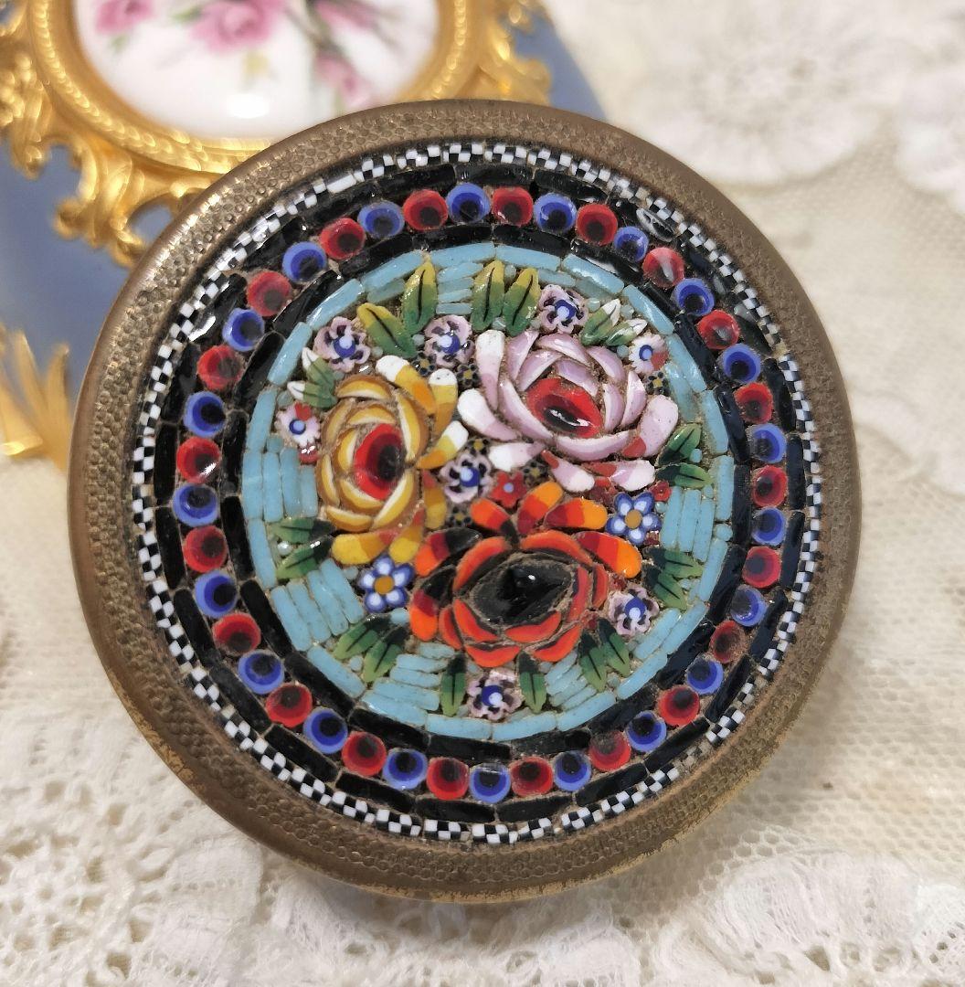 ITALY製 マイクロモザイク コンパクトミラー 小物入れに 薔薇 アンティーク
