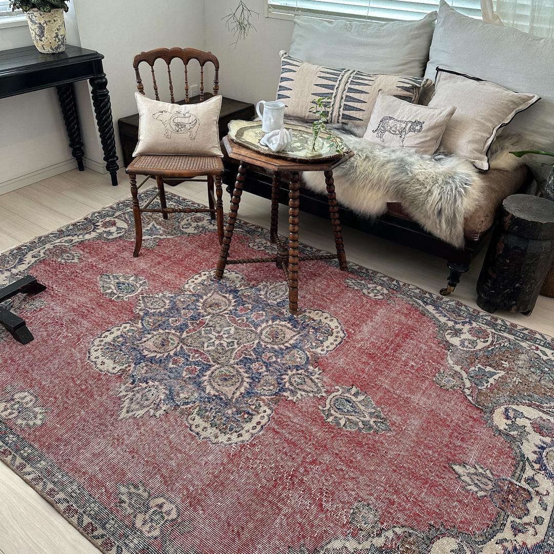 トルコ ヴィンテージラグ A99超大判 レア レッド ネイビー カーキ グリーン