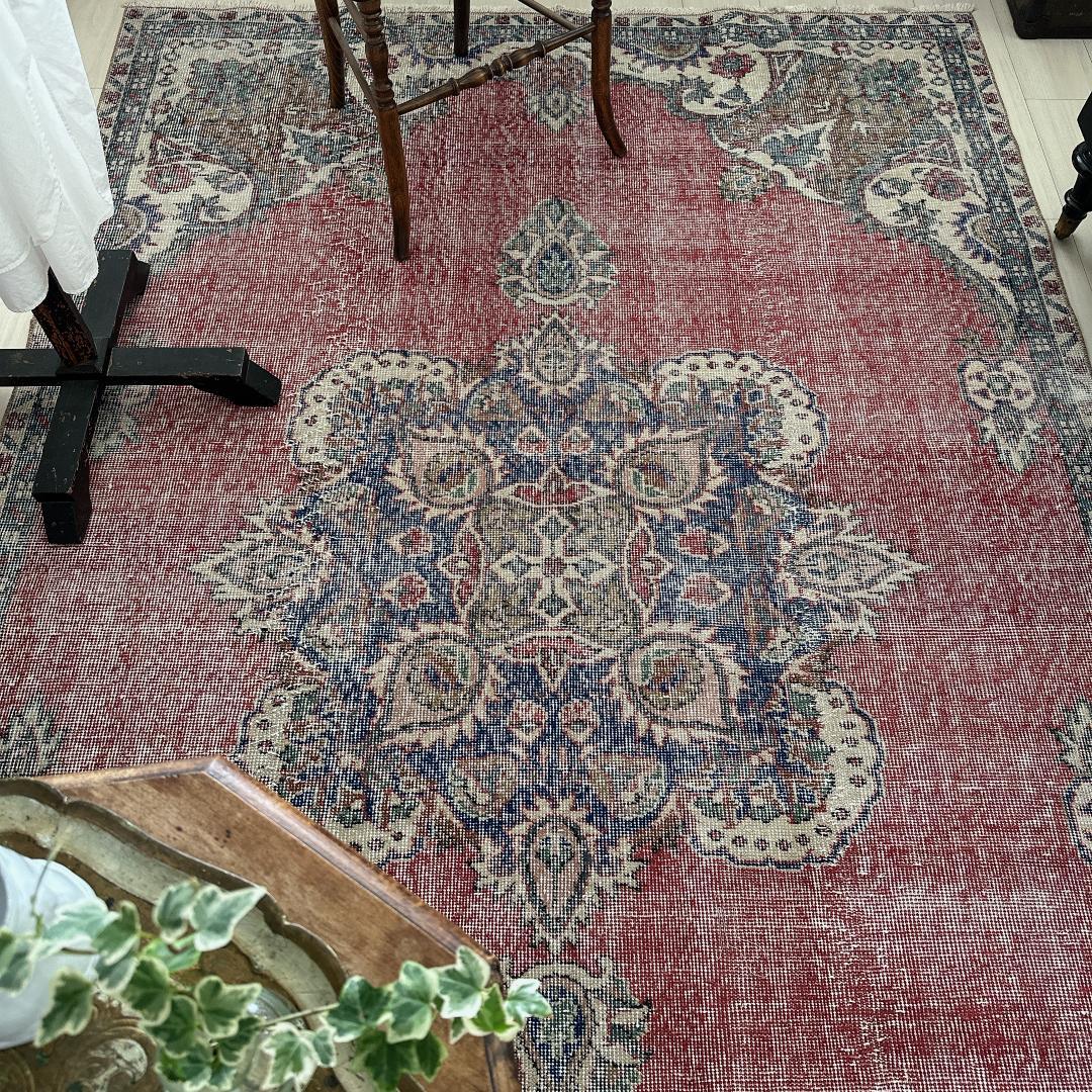 トルコ ヴィンテージラグ A99超大判 レア レッド ネイビー カーキ グリーン