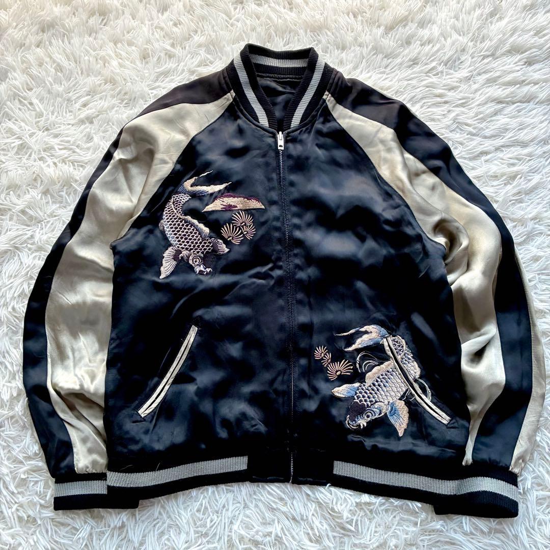 百花繚乱 リバーシブル スカジャン 鯉×富士山 刺繍 和柄 黒 金 サテン