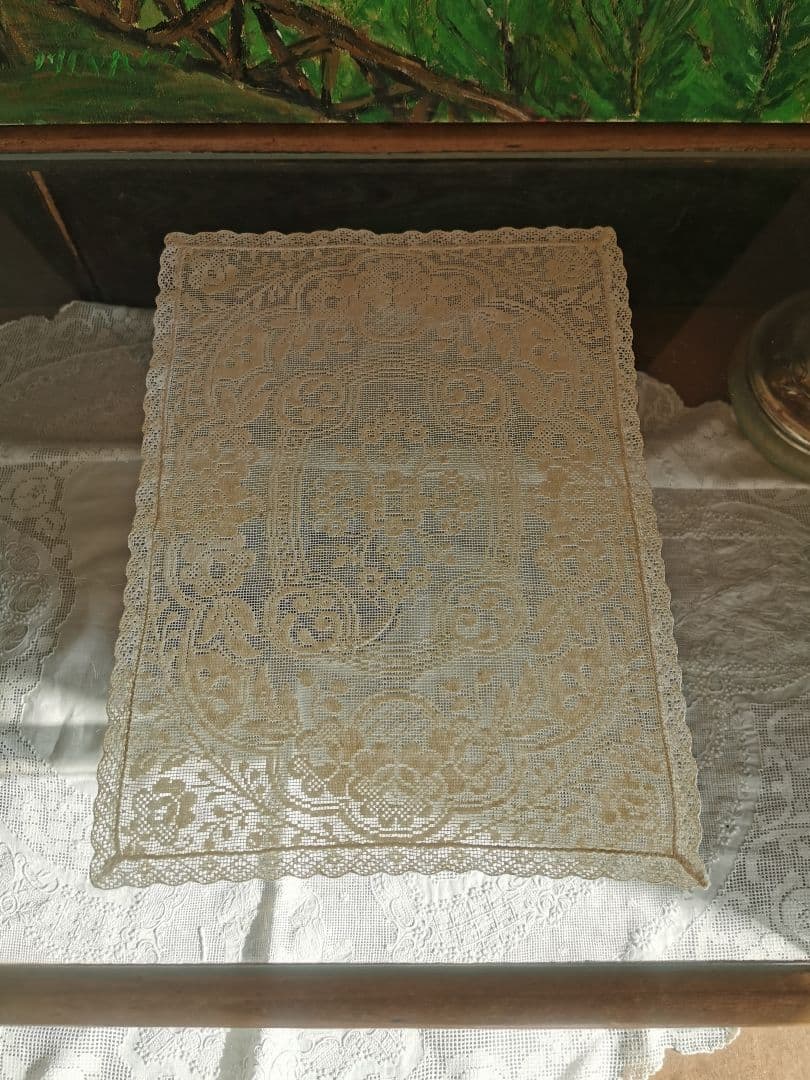 アンティーク 目の細かな◻◽フィレレース レクタングル トレイクロス ローズ紋β