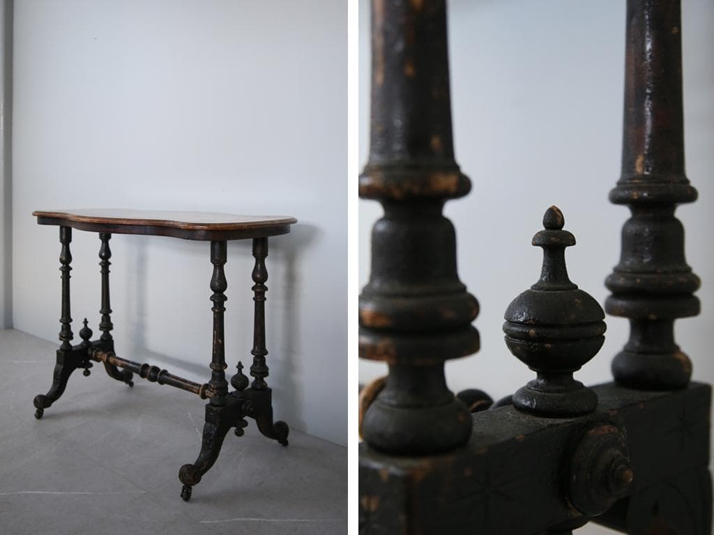 英国アンティーク木製テーブル/ダイニング机/作業台/飾り棚/デスク(92-35)