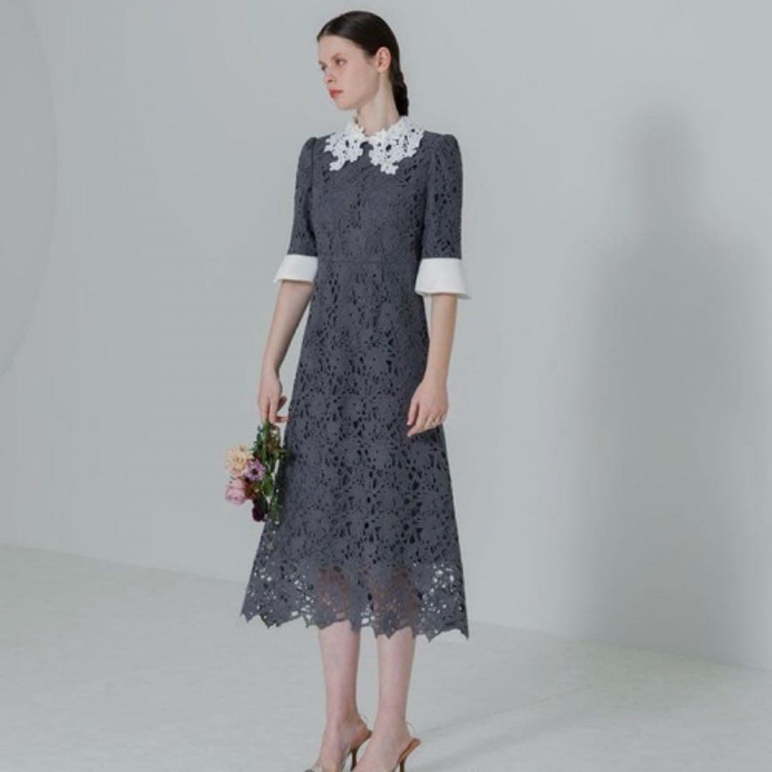 LEJA 花柄レースカラースパンコール刺繍Aラインフレアドレスワンピース