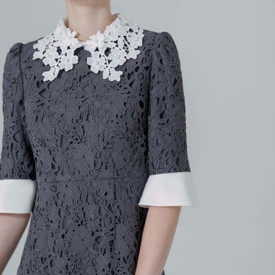 LEJA 花柄レースカラースパンコール刺繍Aラインフレアドレスワンピース