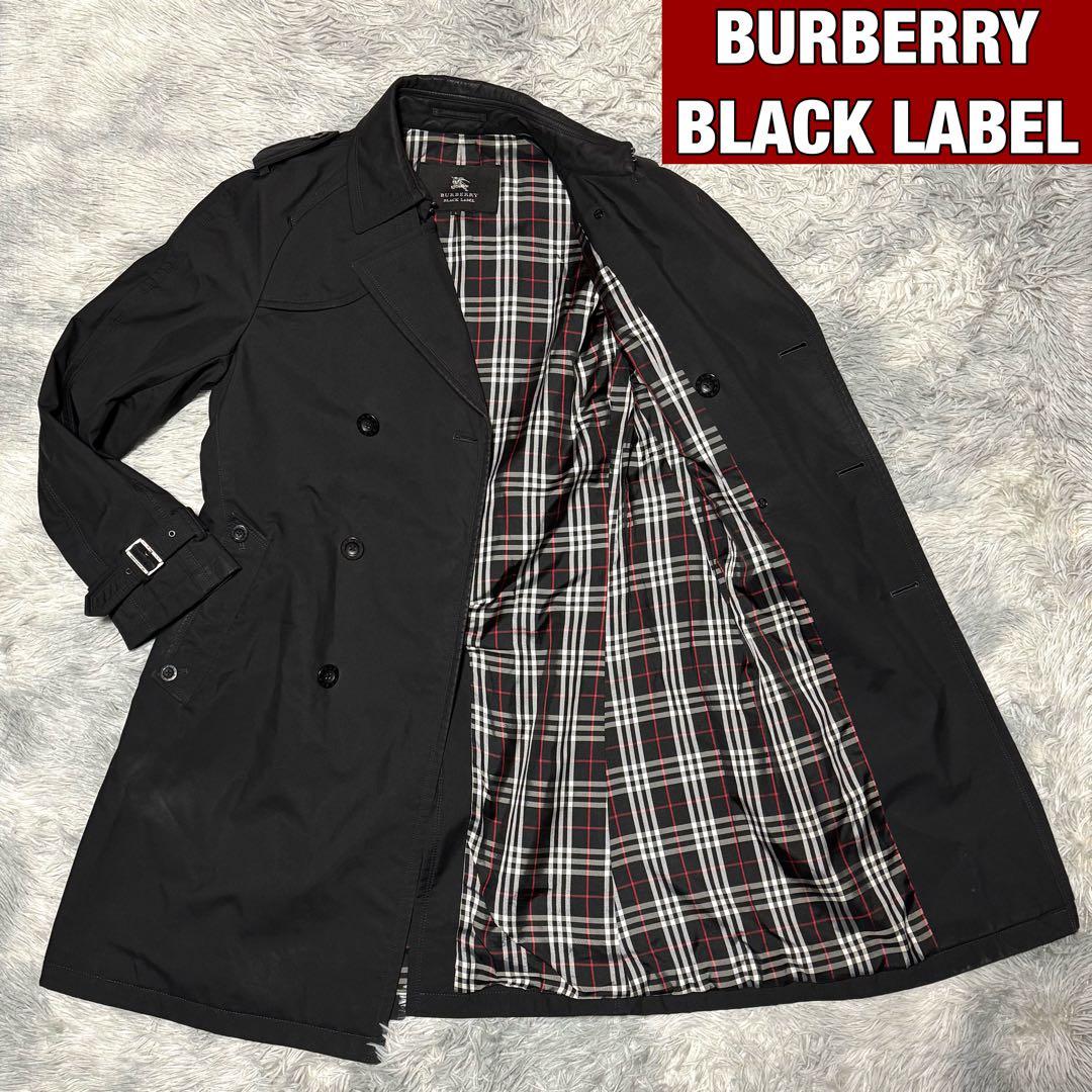 バーバリーブラックレーベル トレンチコート 裏地チェック 腰ベルト付き Lサイズ
