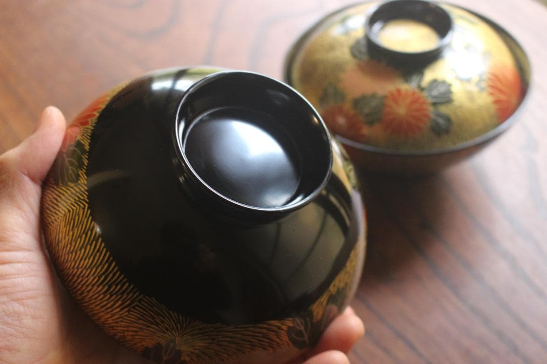 専用！上質黒漆に極上菊詰沈金蒔絵のお椀3点（検輪島塗蒔絵椀雑煮椀