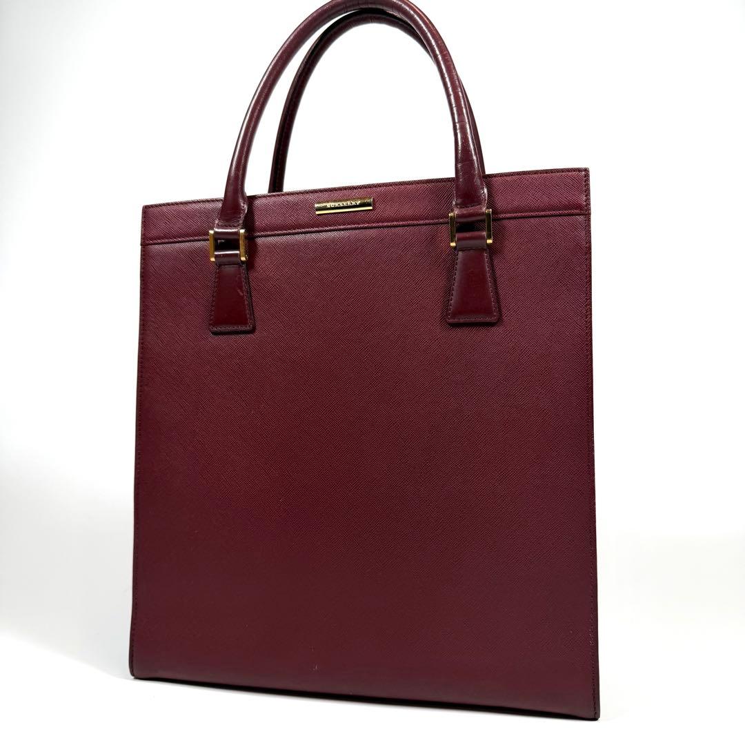 【美品】バーバリー　トートバッグ　サフィアーノレザー　ゴールド金具　ボルドー