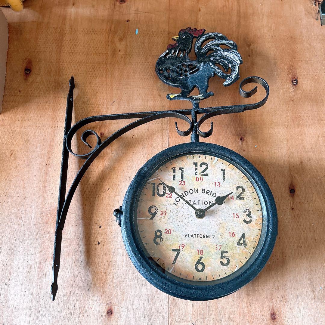 おしゃれな壁掛け時計 アンティーク 風見鶏top 両面時計 艶無しブラック