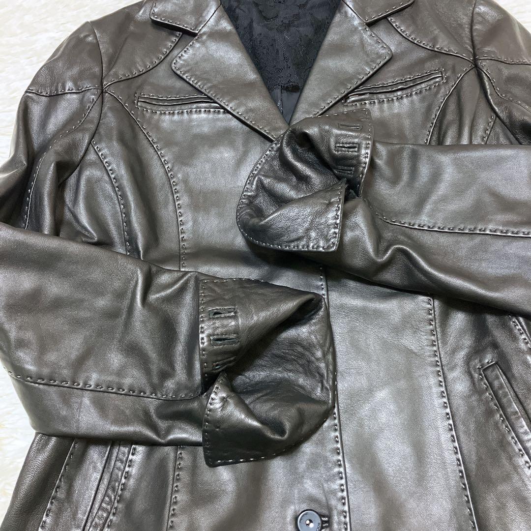 【美品】ROCHAS シープスキン レザージャケット レース 濃茶　Mサイズ