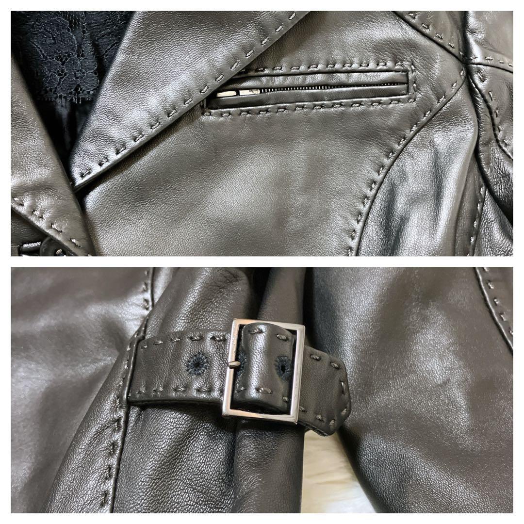 【美品】ROCHAS シープスキン レザージャケット レース 濃茶　Mサイズ