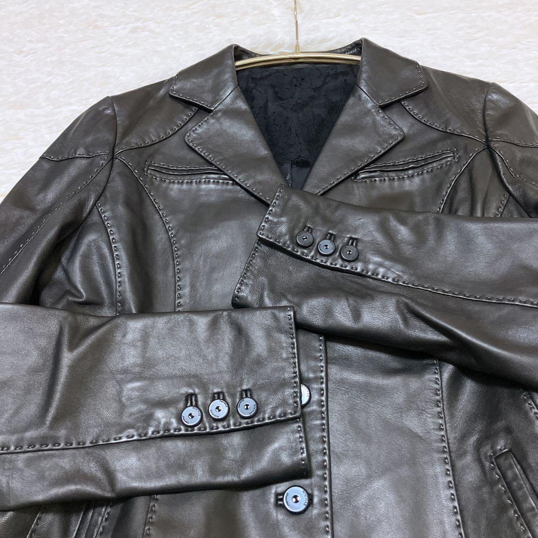 【美品】ROCHAS シープスキン レザージャケット レース 濃茶　Mサイズ