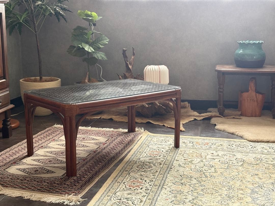 ラタン　ガラステーブル　センターテーブル　ローテーブル　ビンテージ　IZ