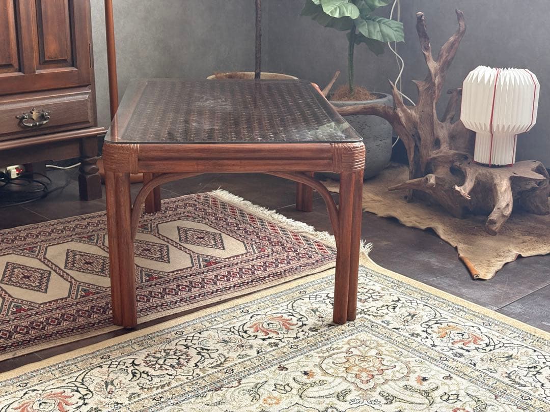 ラタン　ガラステーブル　センターテーブル　ローテーブル　ビンテージ　IZ