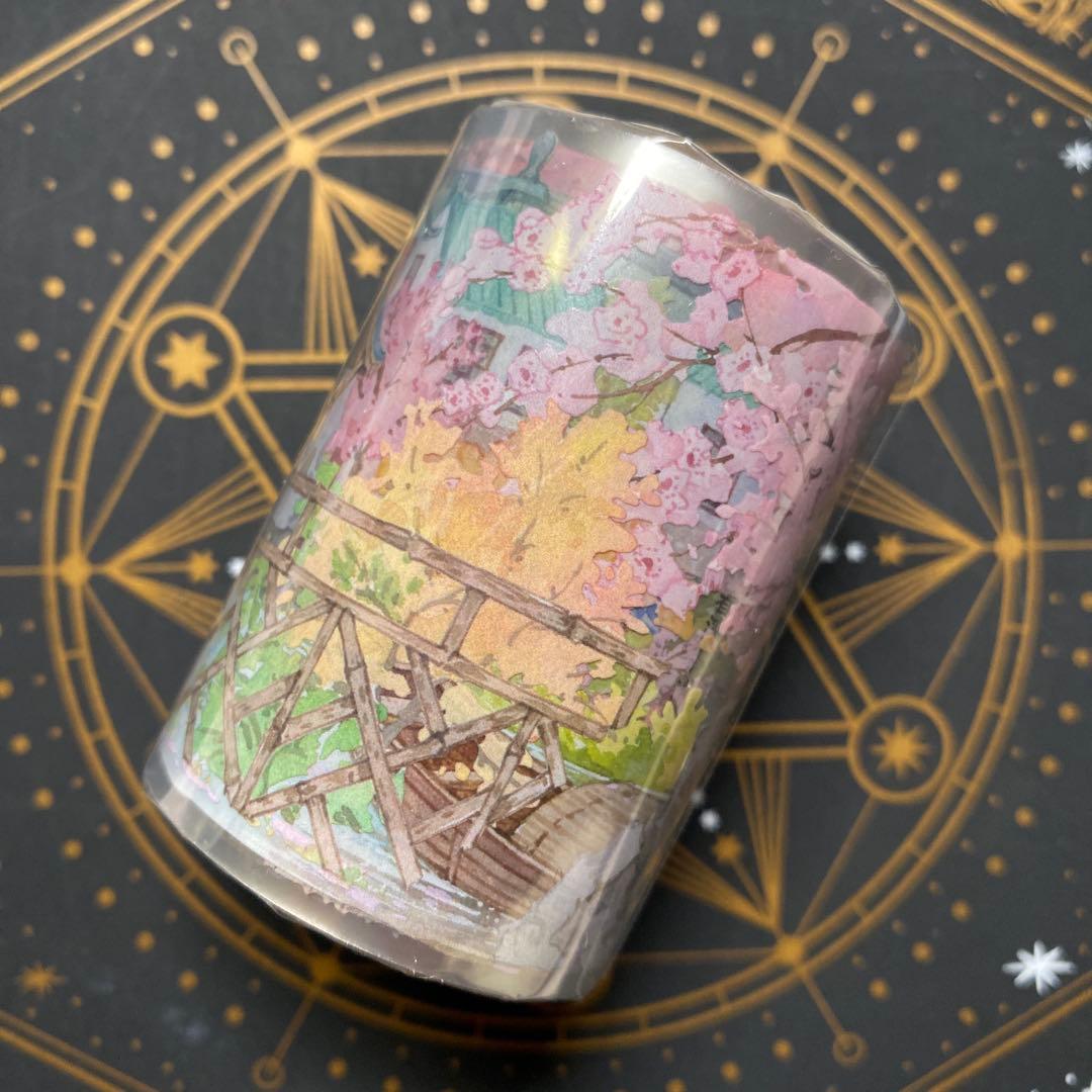 【9488】海外　5m巻　PETマスキングテープ春景色　東屋　ピンク　装飾背景系