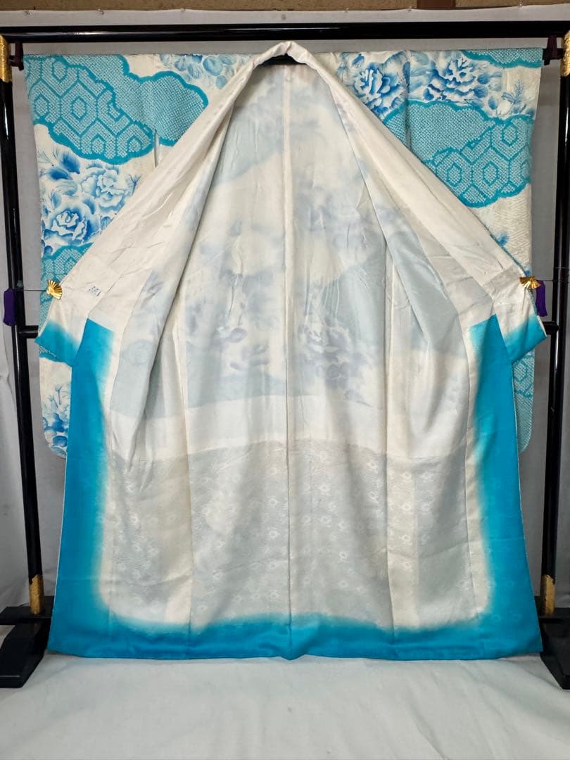 [ヴィンテージ] 振袖　正絹　白　水色　鹿の子絞り　成人式　結婚式　礼装　高身長