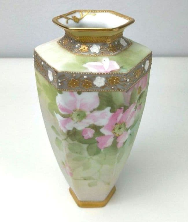 希少★美品★オールドノリタケ 金彩点盛り薔薇絵 花瓶