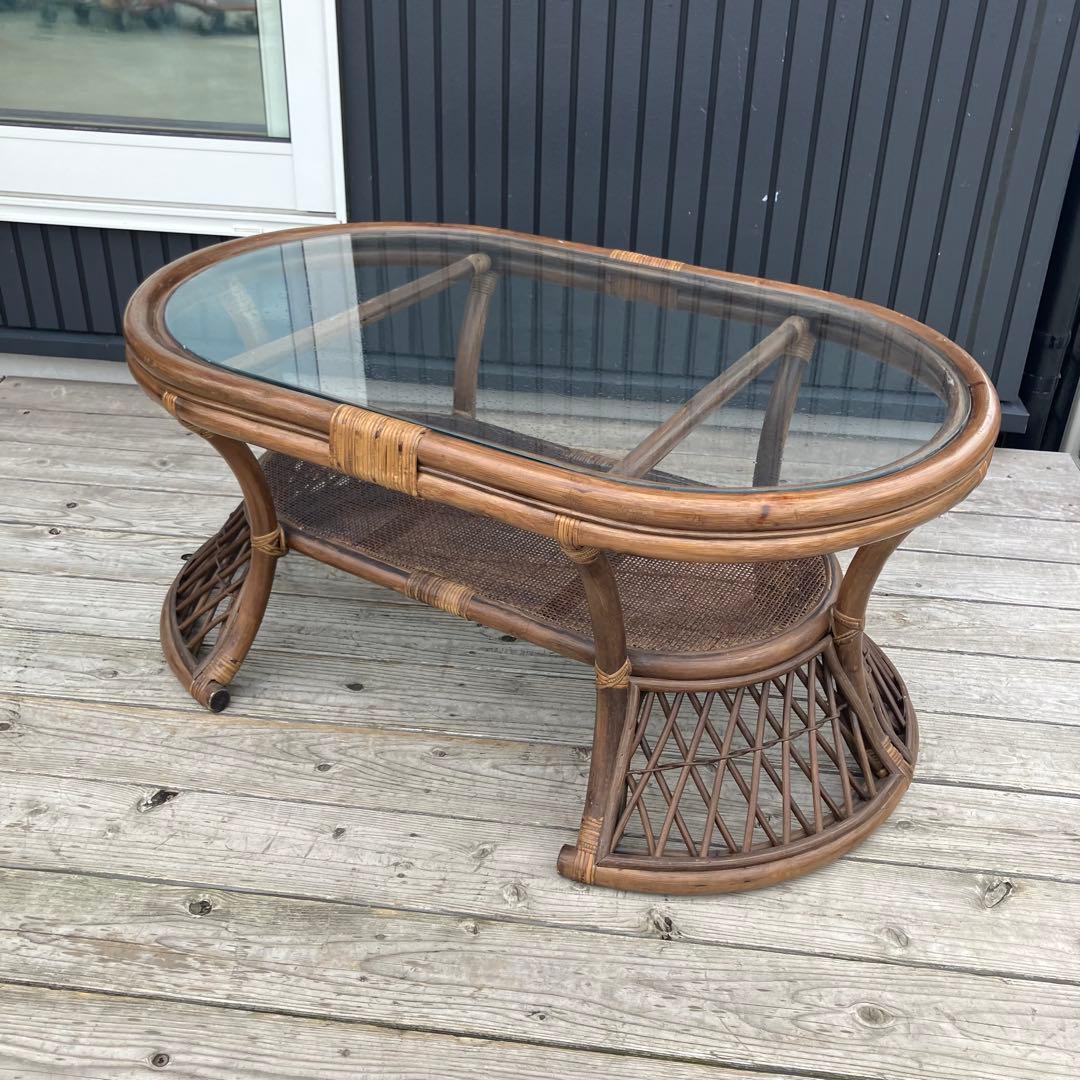 昭和レトロ ヴィンテージ ラタンオーバルテーブル センターテーブル 楕円形