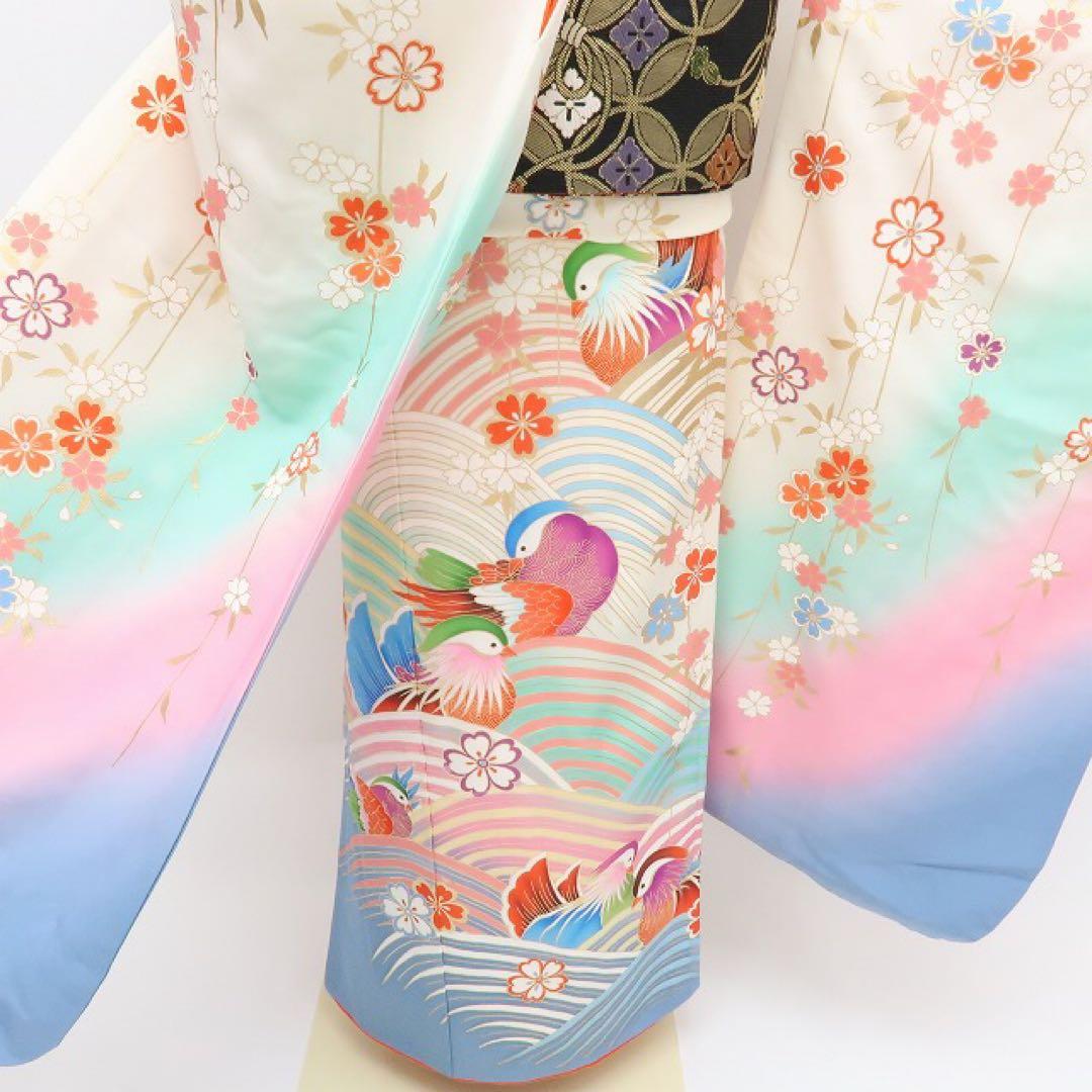 美品 正絹 七五三 ７歳 女児 四つ身着物 鴛鴦 B21