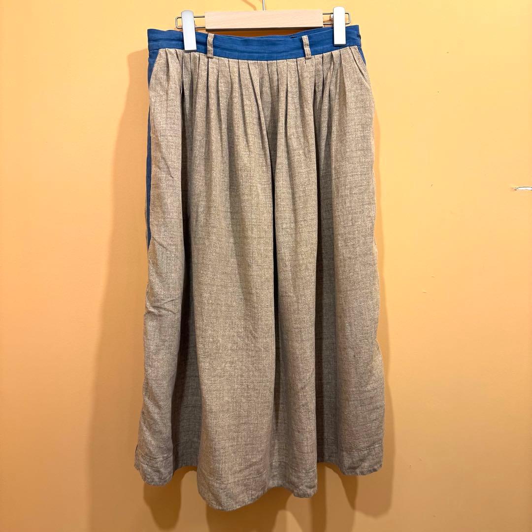 45R スカート インディゴ切り替え プリーツ タック入り 2 リネン