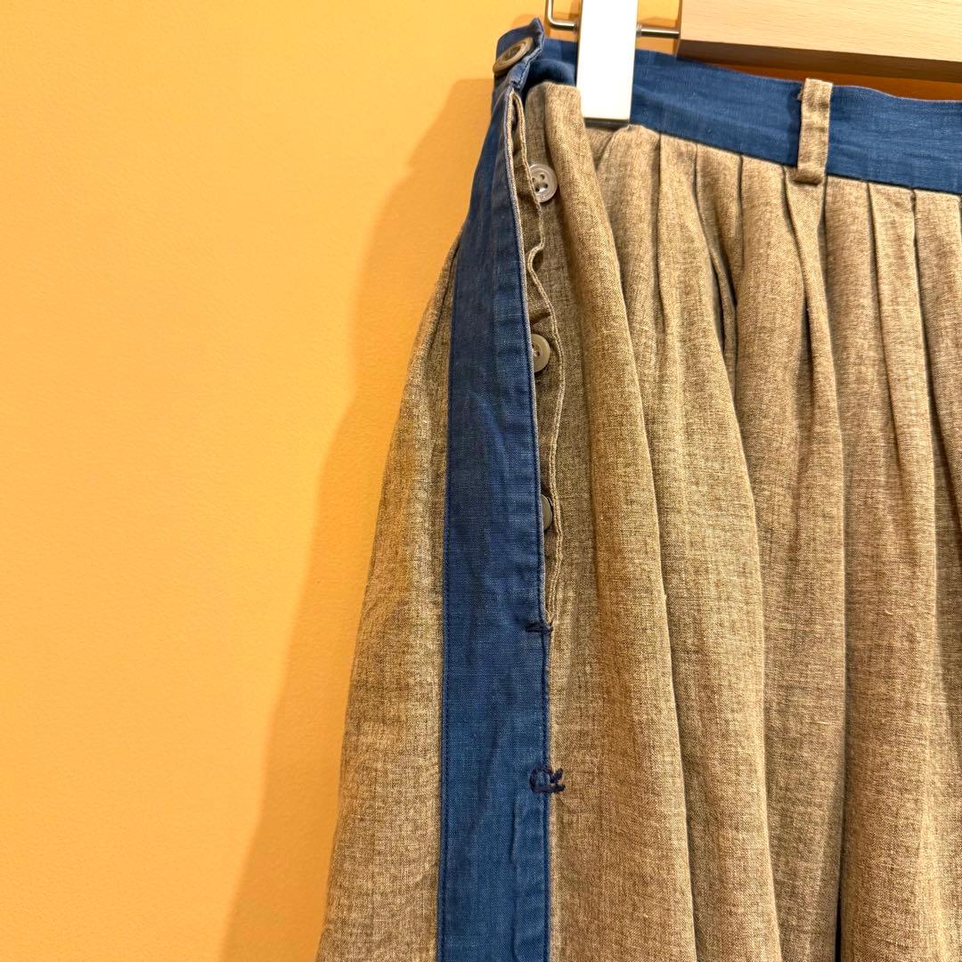 45R スカート インディゴ切り替え プリーツ タック入り 2 リネン