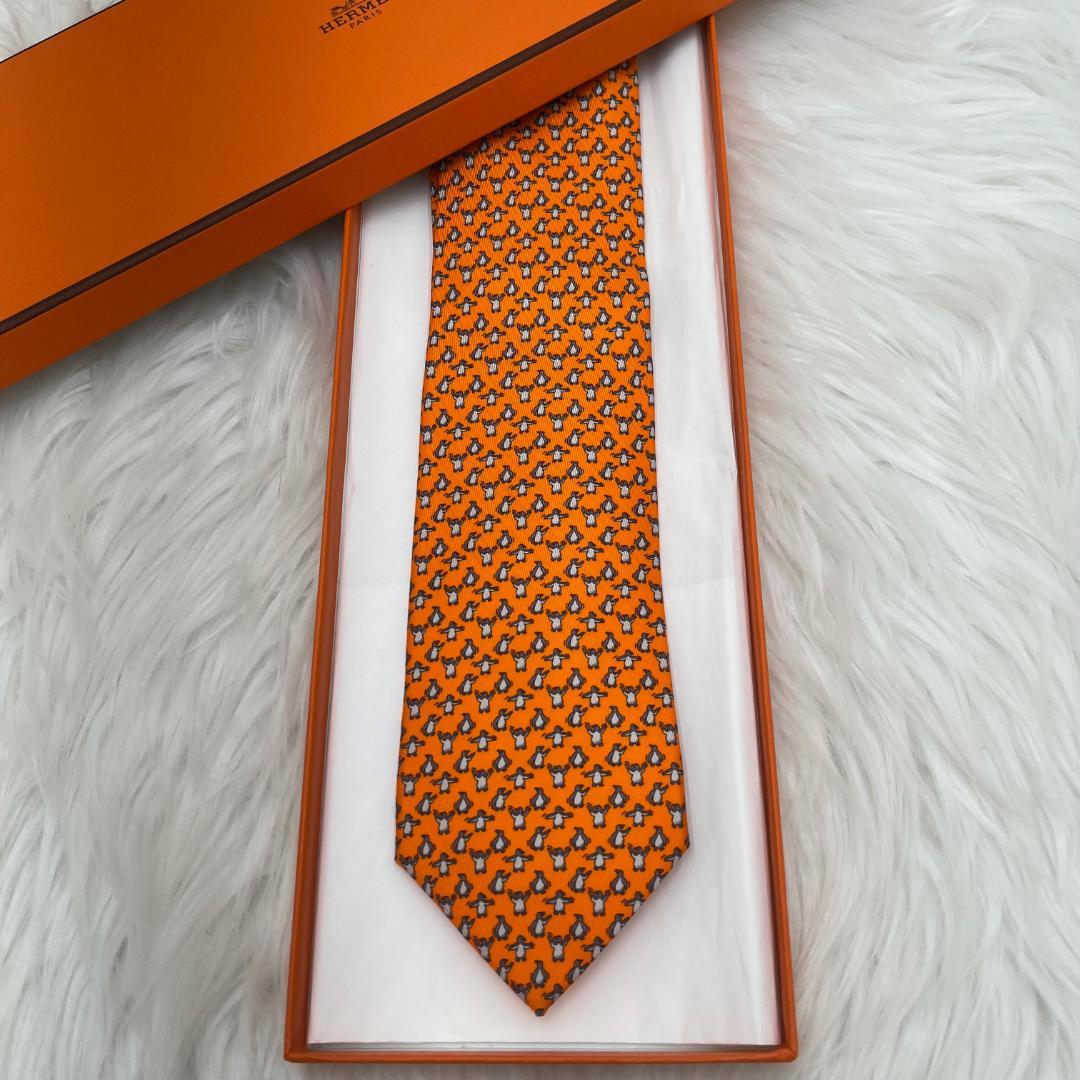 極美品✨エルメス　HERMES 　ネクタイ　シルク100％　オレンジ系