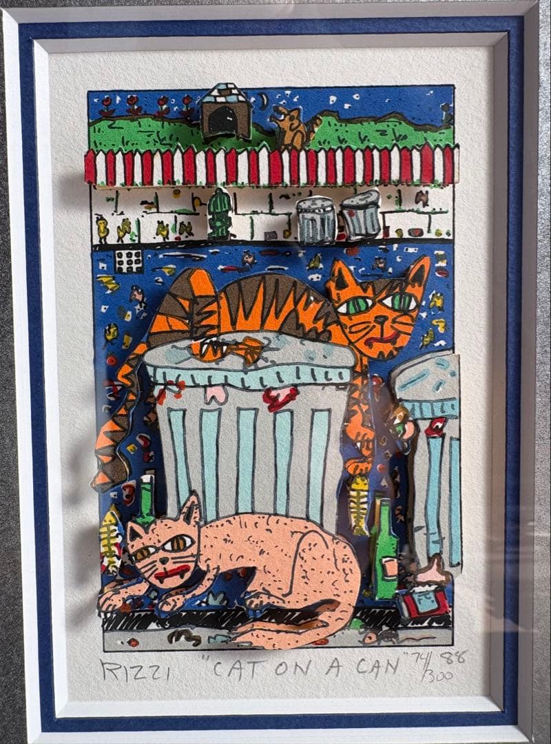 【希少】James Rizzi 「CAT ON A CAN」3Dアート 額装作品