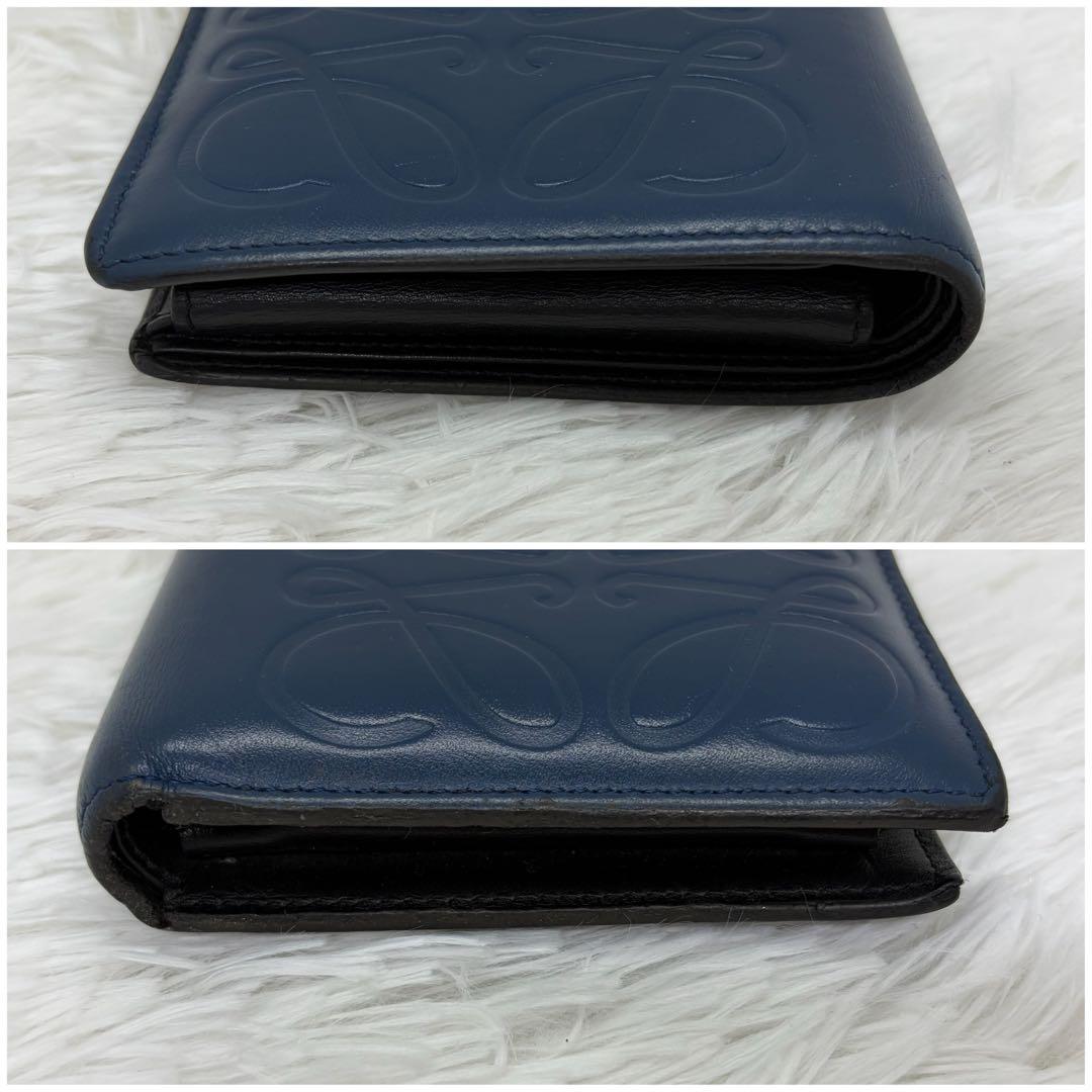 希少/美品✨️ロエベ 二つ折り財布 アナグラム レザー ネイビー ブラック