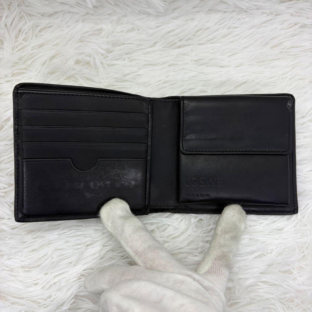 希少/美品✨️ロエベ 二つ折り財布 アナグラム レザー ネイビー ブラック