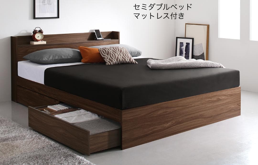 【じょうさん】 セミダブルベッド 収納 棚 2口コンセント マットレス付