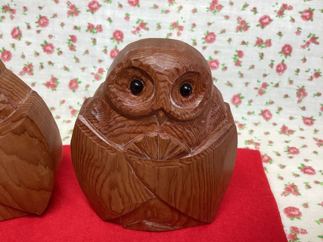【未使用】フクロウ　木彫り　置物　一刀彫　イチイ　木製　雛人形　ふくろう　日本製
