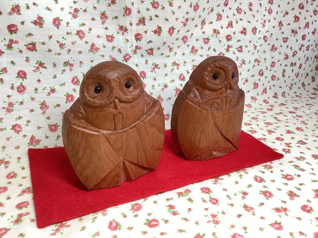 【未使用】フクロウ　木彫り　置物　一刀彫　イチイ　木製　雛人形　ふくろう　日本製