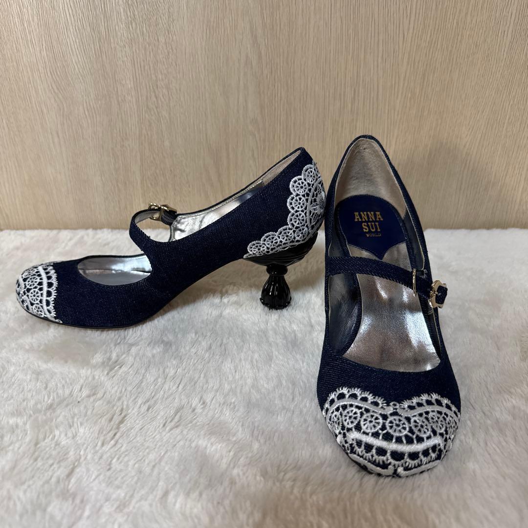【未使用】ANNA SUI デニム生地レース刺繍メリージェーンシューズ