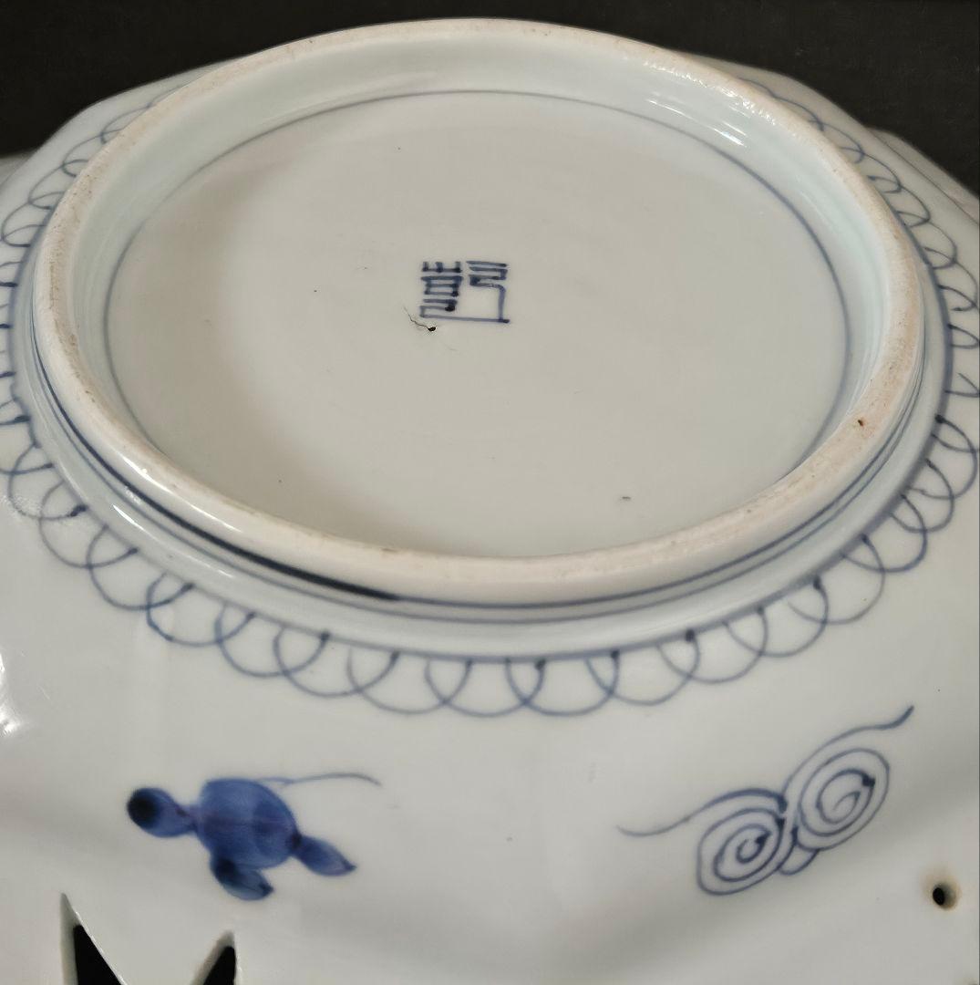 名品❗】 江戸後期　古伊万里 染付 透造　笹に六曜紋　松竹梅　25.3cm八角鉢