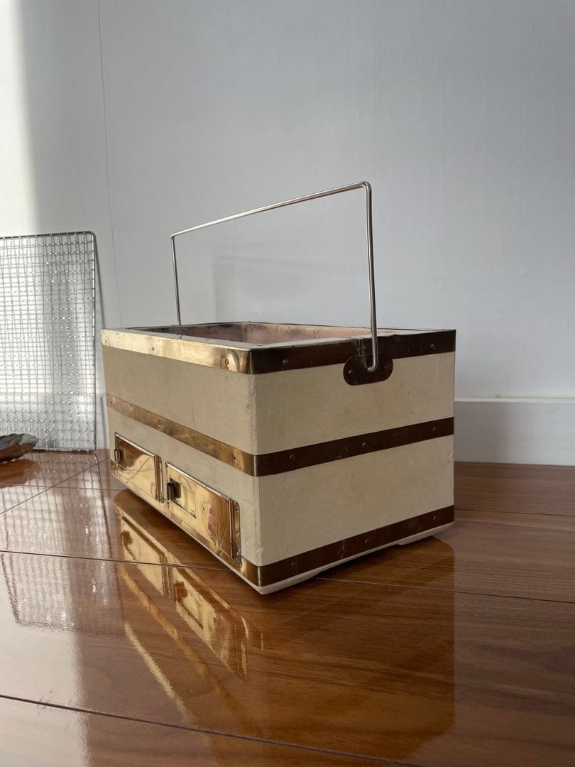 奥能登 天然珪藻土切出し七輪 真鍮巻長角型大判 左右独立タイプ 備品付 炭火調理