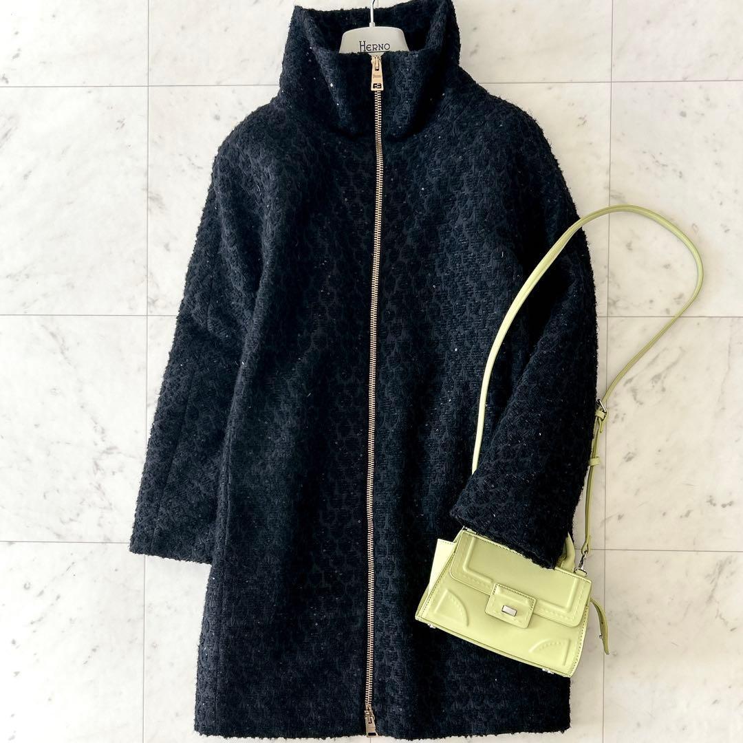 美品 ヘルノ HERNO ウール アルパカ混 ダウンコート ジャガード ブラック