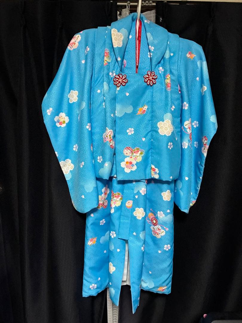 七五三用 花柄 着物 青色3歳